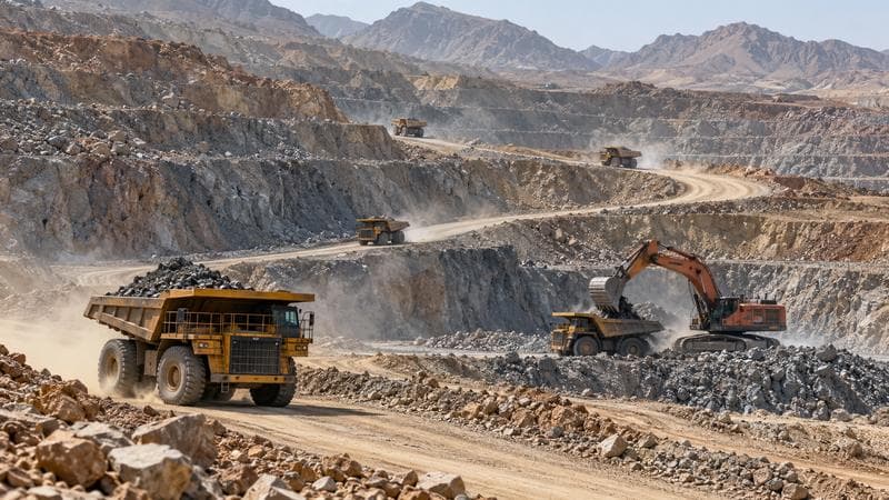 معدن روباز، کامیون‌های حمل سنگ معدن و ماشین‌آلات استخراج